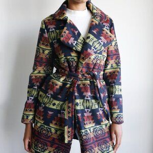 Brown Lime Aztec Pattern Peacoat | Cozy Brown and Lime Aztec Pattern Lined Jacke